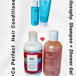 R+C Perfect hair Conditioner+Philosophy gel+Moroccanoil Shampoo & Mask.