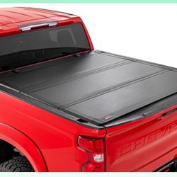 Rough Country Hard Tri-Fold Flip Up Truck Bed Tonneau Cover For Chevy Silverado & GMC Sierra 1500 (2019-2025) - Flush Aluminum Bed Cover, Fits 6'7 (79