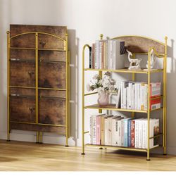 ALLSTAND Folding Bookshelf No Assembly, 3 Shelf Gold Folding Bookcase,Industrial Small Metal Corner Display Book Shelf with Storage Shelves for Bedroo