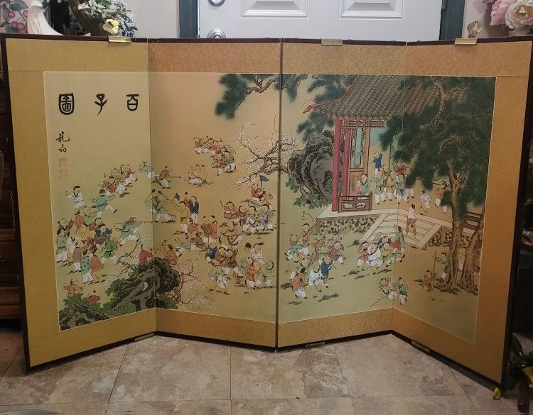 Vintage hand painted scene derived from the famous antique Chinese painting of "100 Children" on 4 panel folding silk screen, Artist Signed