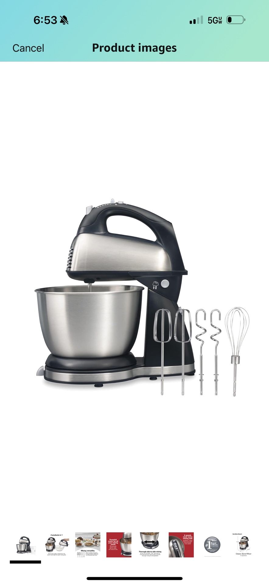 Hamilton Beach Classic Stand and Hand Mixer, 4 Quarts, 6 Speeds with QuickBurst, Bowl Rest, 290 Watts Peak Power, Black and Stainless