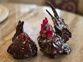 Vintage Ceramic Rooster & Hen Figurines Pair Brown Drip Glaze Farmhouse Decor