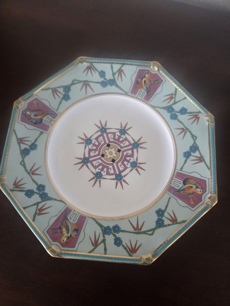 Antique Footed Plate. Porcelain Painted Birds. Rare