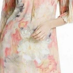 White House Black Market Cold Shoulder Watercolor Print Dress In Ecru With Peach Smoothie 