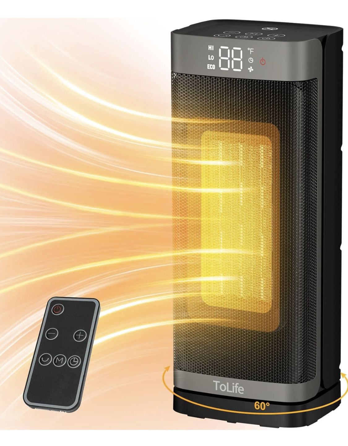Space Heater Indoor With Remote, 1500W PTC Electric Heater, 60°Oscillating, 4 Modes, 12h Timer, Safe