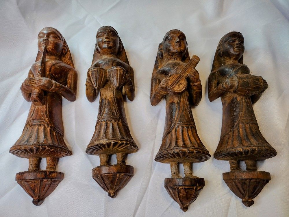 Rare Antique Indian Carved Solid Wood Hanging Statues