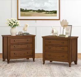 Set Of 2 28 in. W Dark Brown Walnut Color 3 Layers Storage Nightstand Solid Wood Bedside Table with Metal Handles