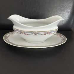 Czechoslovak by CROWN CHINA Porcelain Gravy Boat with Attached Underplate #7143 Pattern 1960's