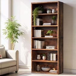 Bookshelf, 6-Tier Open Bookshelf, Modern Wood Bookcase, Rustic Brown, NEW