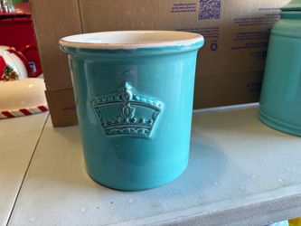 Turquoise Ceramic Utensil Crock with Crown Emblem