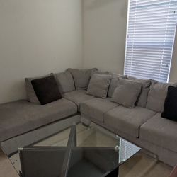 Light Grey L-shape Sofa with Pillows+Glass Top Coffee Table 