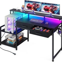 Gaming Desk with Led Lights & Power Outlet, 48 Inch Computer Desk with Drawers, Office Desk with Large Display Storage Shelves, Reversible 