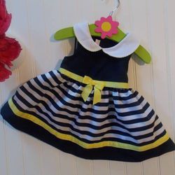 Bonnie Baby Girls 12 Months Navy Blue White & Yellow Trim Stripe Dress