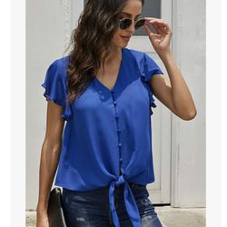 Amazon tie knot front chiffon ruffle sleeves button down blue blouse v-neckline
