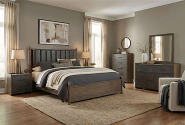 Bedroom set 4 pc Dark Walnut finish, Faux Leather upholstery headboard. New Especial price