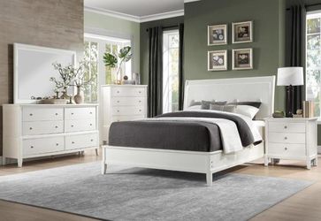 Brand new white queen padded queen bedframe, dresser, mirror, nightstand