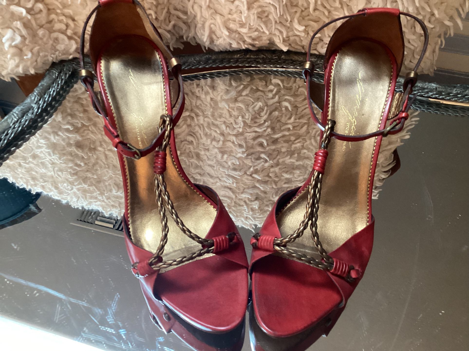 Red Leather T Strap Heels 