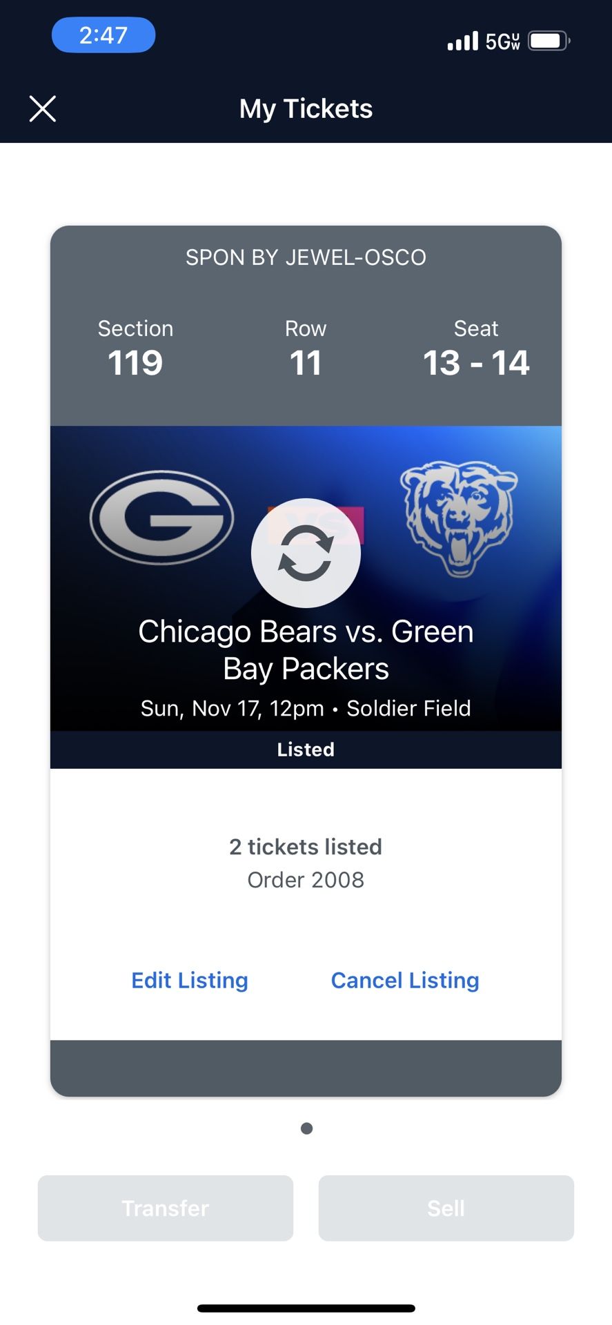 BEARS VS. PACKERS 2 FRONT ROW SEATS