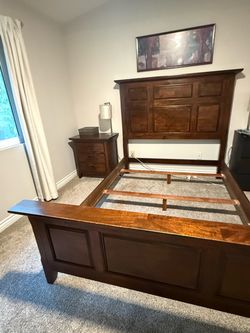 Dark Wood Panel Bed Frame Queen with nightstand