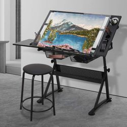 Drafting Table - 53" Crystal desktop with frame, 2 mesh drawers, with black stool