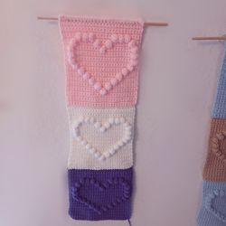 Handmade Crocheted Girls Triple Hearts Wall Hanging 