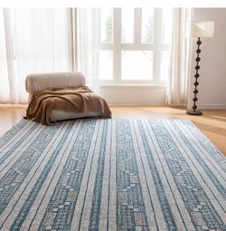 Ultra-Soft Microfiber Non-Slip 8x10 Area Rug, Luxurious Machine Washable Carpet for Bedrooms, Living Rooms, and Kids' Rooms, Stripes Blue