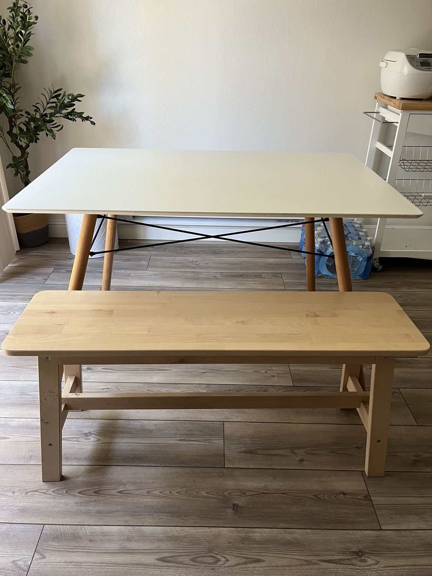 Furniture: Slanted Shelf And Dining Table And Bench