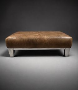 Tufted Brown Leather Ottoman with gray Base