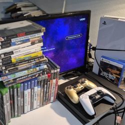 Ps5 With Controllers And Games. Ps4. Tv. Chair