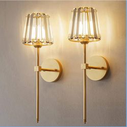Crystal Battery Operated Wall Sconces Set of 2, Gold Rechargeable Wireless Wall Sconce Lights with Crystal Lampshade, 12 RGB and 3CCT Dimmable Wall La