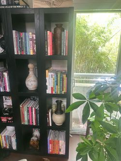 Tall espresso wood cabinet (5)  in good condition