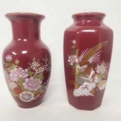 Set of 2 Vintage Burgundy Japanese Vases with Pheasants Birds and Flowers Trimmed in Gold