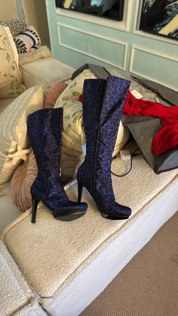 Blue Leopard Print Knee-High Heeled Boots