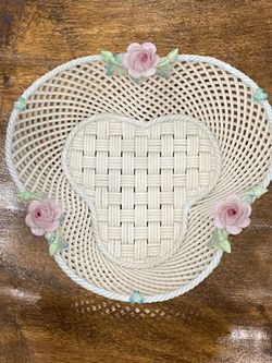 Belleek Porcelain Pink Floral Reticulated Weave Basket