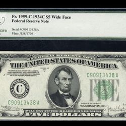 1934C $5 Federal Reserve Note "WIDE FACE" Legacy Choice About New 55 PPQ