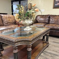 3 Piece Leather Couch Set / With Two Tables