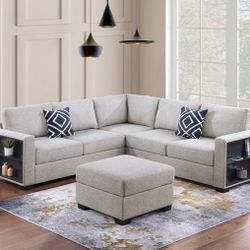 4-pc Sectional Sofa With Ottoman Beige Or Grey Boucle Fabric 