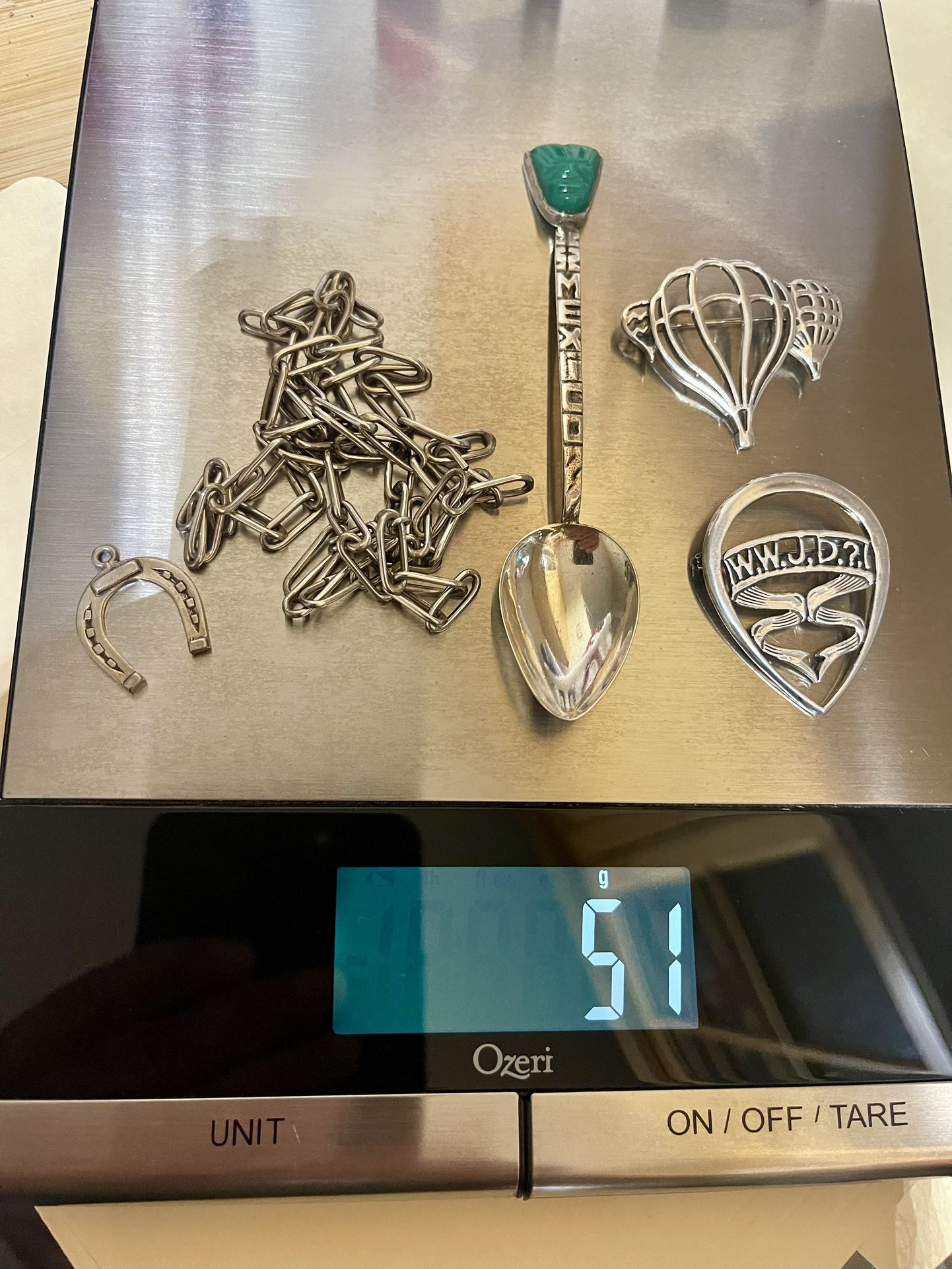 Lot, Sterling Silver Vintage Items, Link Chain, Pins , 925 Mexico Spoon, Horseshoe Pendant/ Charm, 51 Grams 
