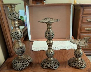 Vintage Ornate Pierced Brass Candlestick Holders - Set of 3