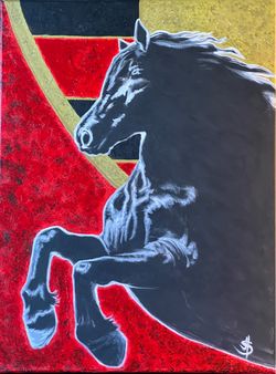 Original Acrylic Painting Rearing Black Horse