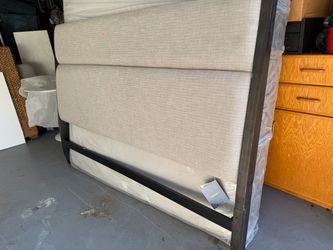 Upholstered King Sized Intercon Furniture Headboard with Dark Wood Frame
