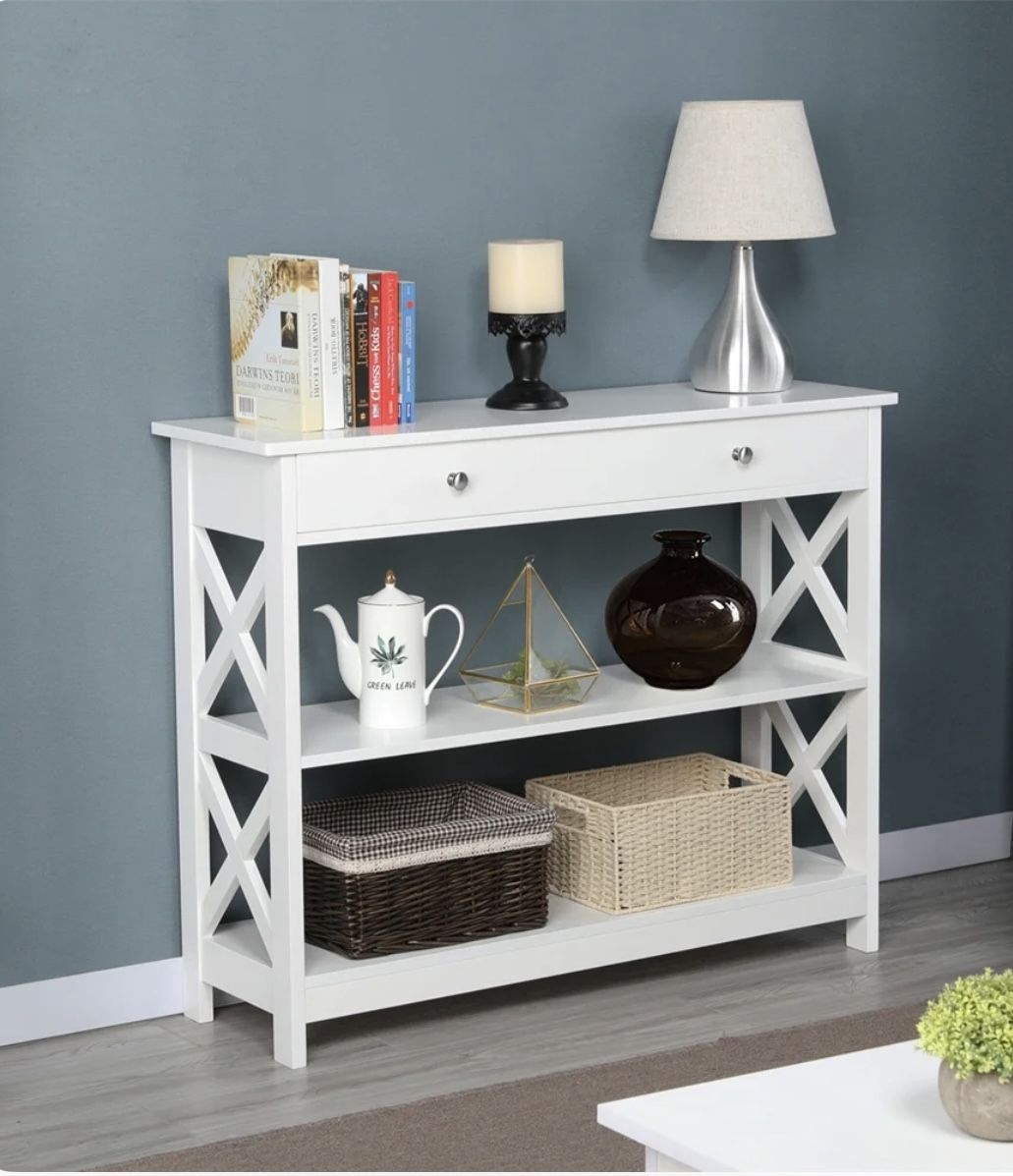 X Design Console Table with 1 Drawer and 2 Open Shelves Narrow Sofa Side Accent Table for Entryway Living Room (White)