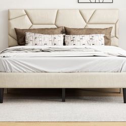 Bed Frame, Queen Size Upholstered Platform Bed With Wingback Linen Storage Headboard, Solid Wood Slats And 7.2 Inch Under Bed Clearance, No Box Spring