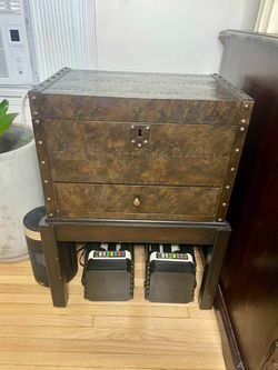 Pair of Tin-Clad Accent Table with Hidden Storage & Drawer – Nailhead Detail
