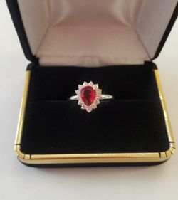 Cubic Zirconia tear drop red stone Genuine Silver size 7