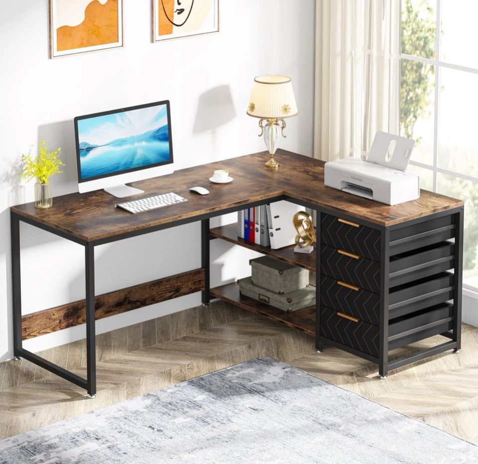 New 59" L-Shaped Desk, Reversible Corner Desk with Drawers & Shelves