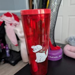 Starbucks Red Holiday with White Puppy Plastic Cold Cup Tumbler 