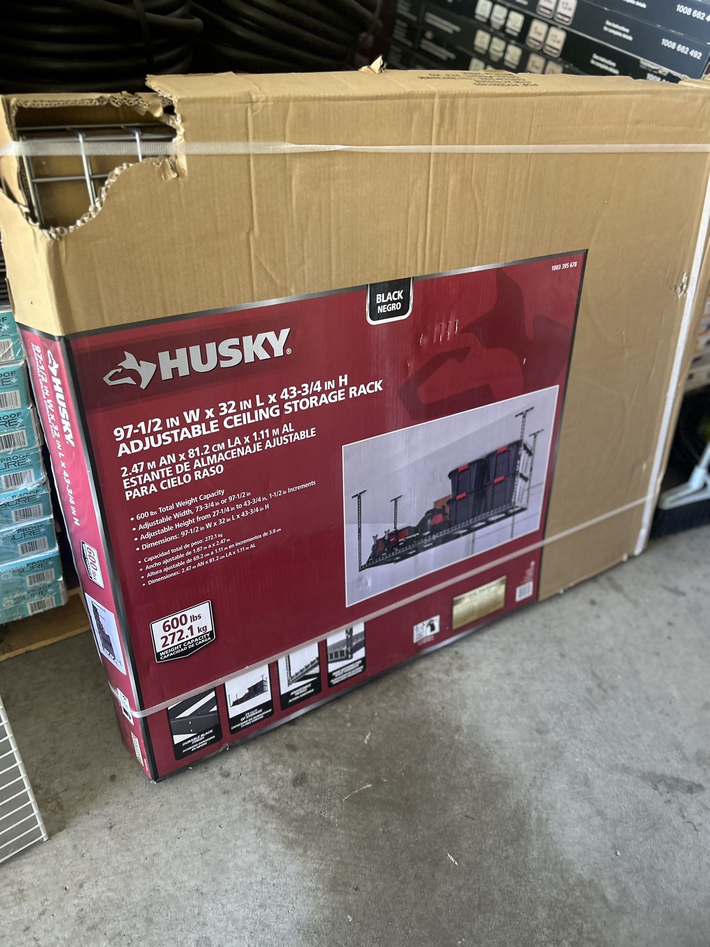 Husky 97.5 in. W x 43.75 in. H x 32 in. D Adjustable Height Metal Heavy-Duty Overhead Garage Storage Rack in Black