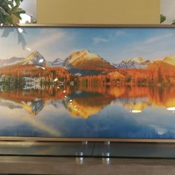 Large Glass Framed Photograph of Mountains and Lake 