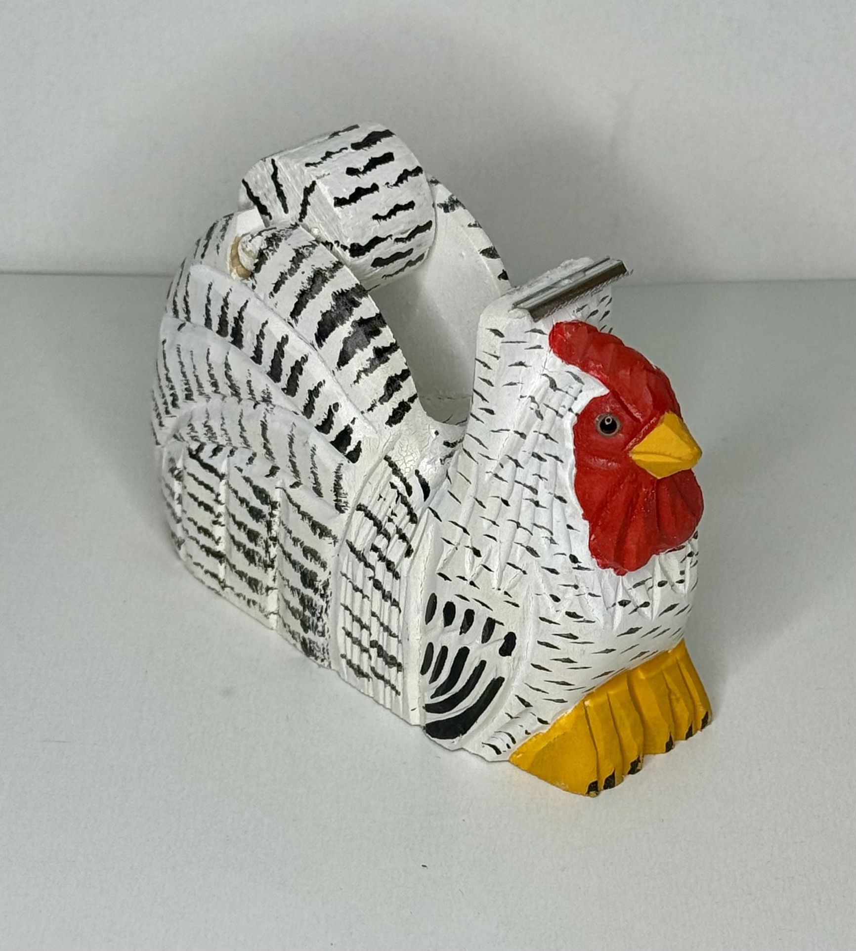 HAND CARVED WOODEN ROOSTER CHICKEN TAPE DISPENSER HAND PAINTED (NEW)